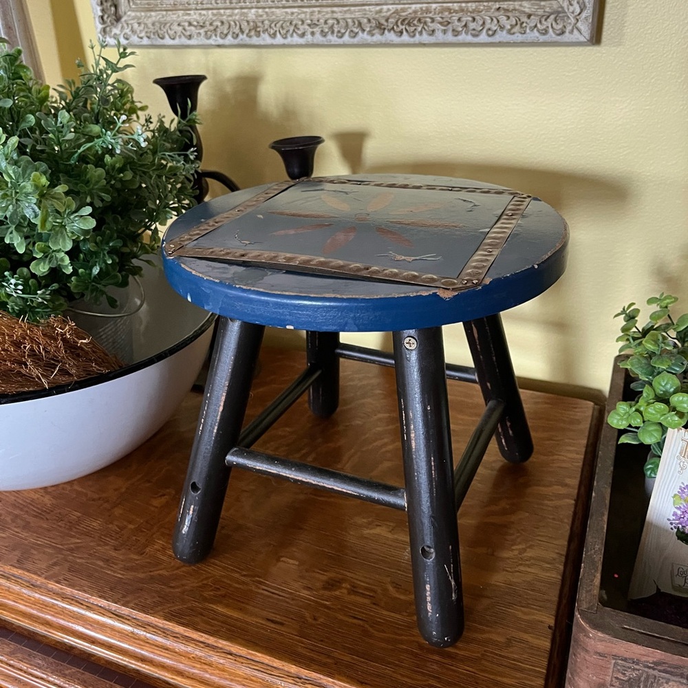 Rustic Blue and Black Wooden Stool - Picture 13 of 16